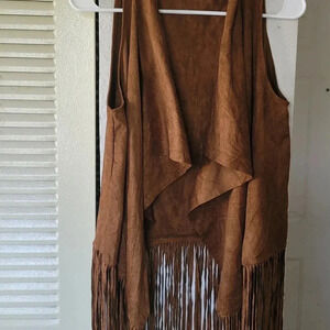 True suede fringe brown jacket size s/m women sleeveless open front